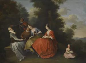 An Elegant Company Seated Outdoors Making Music by Bonaventure De Bar Oil Painting