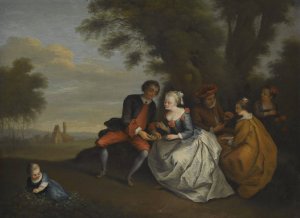 An Elegant Company Seated Outdoors With A Couple Looking At A Bird's Nest by Bonaventure De Bar Oil Painting