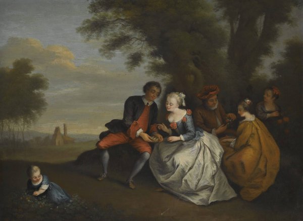 An Elegant Company Seated Outdoors With A Couple Looking At A Bird's Nest by Bonaventure De Bar - Hand-Painted Oil Painting Reproduction
