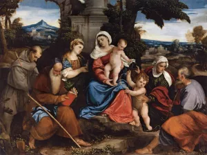 Holy Family with Saints by Bonifacio Veronese - Oil Painting Reproduction