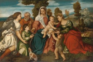 The Holy Family With Saint Dorothy And The Infant John The Baptist, And Tobias With An Angel by Bonifacio Veronese Oil Painting