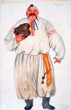 Costume Design for Kum from 'The Fair at Sorochyntsi'by Modest Mussorgsky by Boris Kustodiev Oil Painting