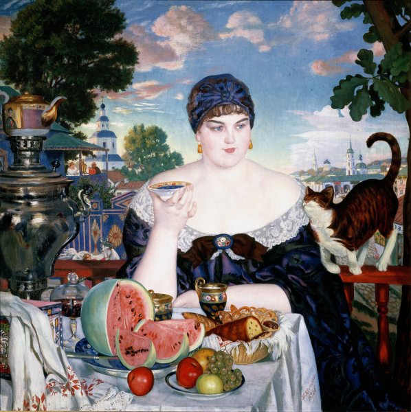 Merchant's Wife at Tea by Boris Kustodiev - Hand-Painted Oil Painting Reproduction