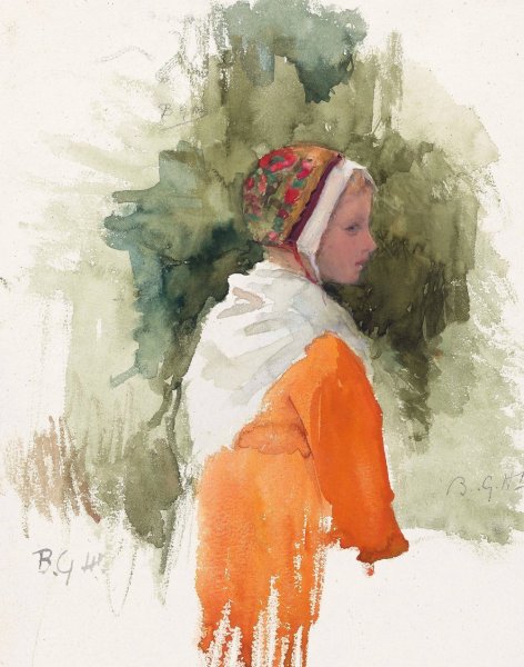 Main Product Photo of Meisje met kapje en oranje jurk  Painting by Bramine Hubrecht