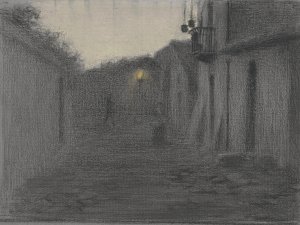 Straatje met een lantaarn in de schemering by Bramine Hubrecht Oil Painting