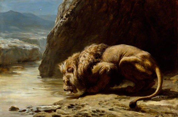 Main Product Photo of The King Drinks Painting by Briton Riviere
