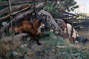 Hunter and Fox by Bruno Liljefors Oil Painting