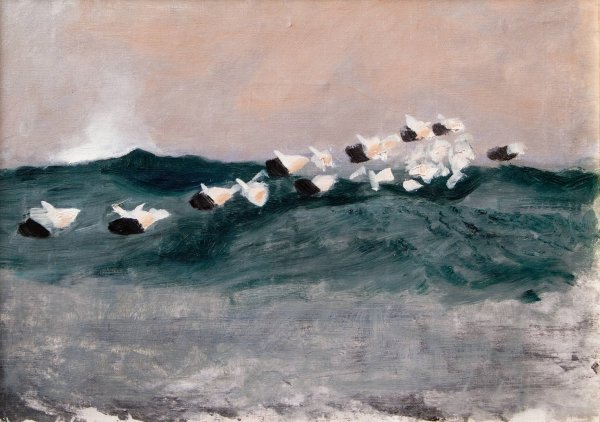 Main Product Photo of Sketch for Eider Ducks Flying in Formation  Painting by Bruno Liljefors