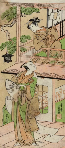 Woman on Balcony and Passerby by Buncho Ippitsusai Oil Painting