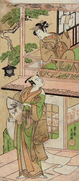 Main Product Photo of Woman on Balcony and Passerby  Painting by Buncho Ippitsusai