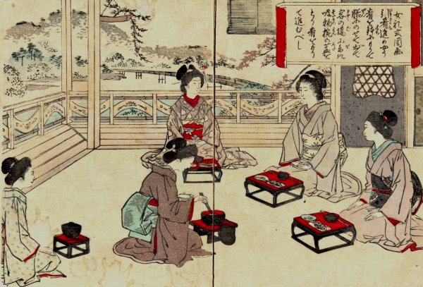 Manner of Eating a Meal, from Pictures of Female Manners  by Bunkyu Sakura - Hand-Painted Oil Painting Reproduction