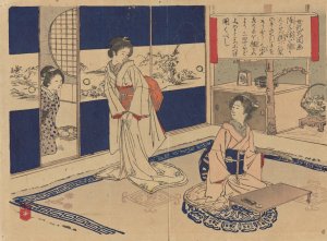 Manner of Opening a Paper Door, from Pictures of Female Manners by Bunkyu Sakura Oil Painting