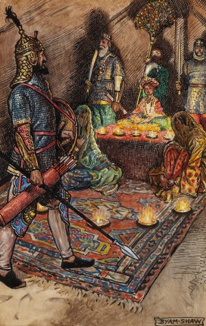 Old Faithful, as the Two Supporters Stood Bolt Upright with Drawn Swords One on Either Side…, by Byam Shaw Oil Painting