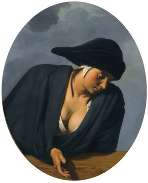 A  Peasant Woman Wearing A Black Hat, Leaning On A Wooden Ledge by Caesar Van Everdingen Oil Painting