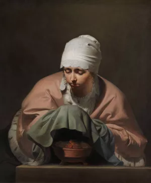 A Young Woman Warming her Hands over a Brazier Oil painting by Caesar Van Everdingen