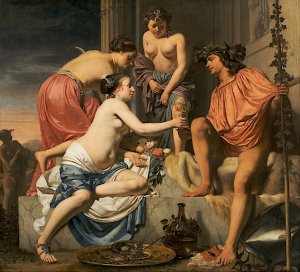 Bacchus on a Throne − Nymphs Offering Bacchus Wine and Fruit by Caesar Van Everdingen Oil Painting