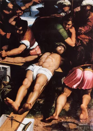 Nailing of Christ to the Cross by Callisto Piazza Da Lodi - Oil Painting Reproduction