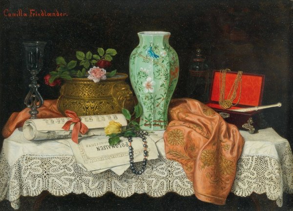 A Still Life with Music Sheets, a Jewellery Box and an Asian Vase by Camilla Friedlander - Hand-Painted Oil Painting Reproduction