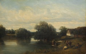 Cottage by the River with Washerwomen by Camille Flers Oil Painting