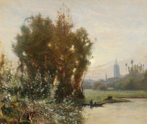 River Landscape With A City In The Background by Camille Flers Oil Painting