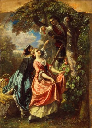 Rousseau and Mlle. Galley gathering Cherries by Camille-Joseph-Etienne Roqueplan Oil Painting