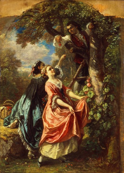 Rousseau and Mlle. Galley gathering Cherries  by Camille-Joseph-Etienne Roqueplan - Hand-Painted Oil Painting Reproduction