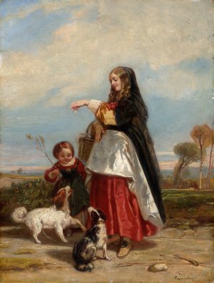 Woman And Child With Dogs by Camille-Joseph-Etienne Roqueplan Oil Painting