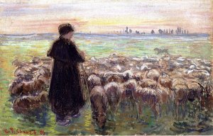 A Shepherd and His Flock of Sheep by Camille Pissarro Oil Painting