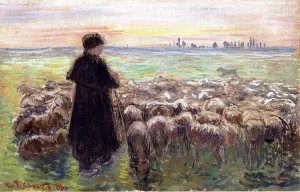 A Shepherd and His Flock of Sheep by Camille Pissarro - Oil Painting Reproduction