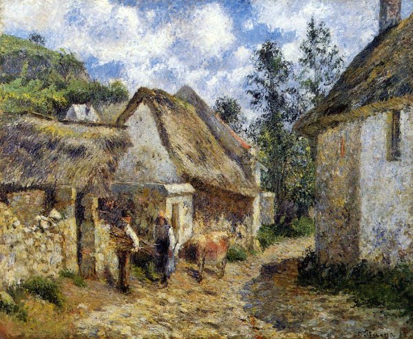 Main Product Photo of A Street in Auvers also known as Thatched Cottages and a Cow Painting by Camille Pissarro