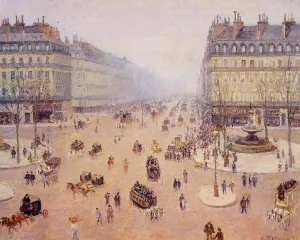 Avenue de l'Opera, Place du Thretre Francais: Misty Weather by Camille Pissarro Oil Painting