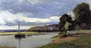 Banks of a River with Barge by Camille Pissarro Oil Painting
