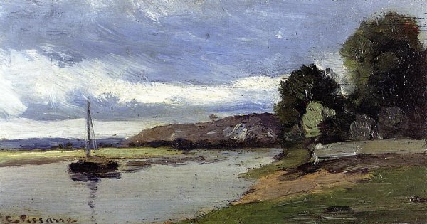 Banks of a River with Barge by Camille Pissarro - Hand-Painted Oil Painting Reproduction