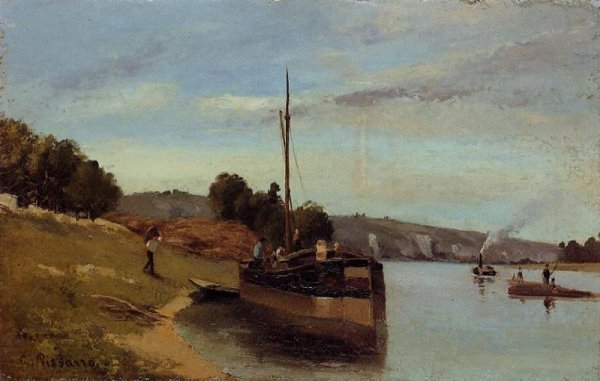 Barges at Le Roche Guyon by Camille Pissarro - Hand-Painted Oil Painting Reproduction