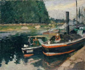 Barges at Pontoise Oil painting by Camille Pissarro