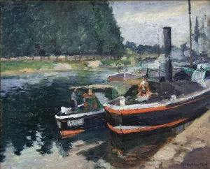 Barges on Pontoise by Camille Pissarro Oil Painting