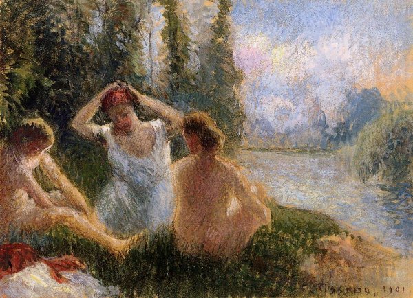 Main Product Photo of Bathers Seated on the Banks of a River Painting by Camille Pissarro