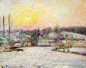 Bazincourt, Sunset, Snow Effect by Camille Pissarro Oil Painting