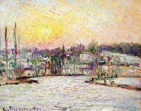 Bazincourt, Sunset, Snow Effect by Camille Pissarro - Hand-Painted Oil Painting Reproduction