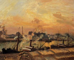 Boats, Sunset, Rouen by Camille Pissarro Oil Painting