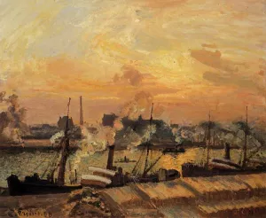 Boats, Sunset, Rouen by Camille Pissarro Oil Painting
