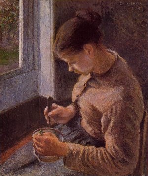 Breakfast, Young Peasant Woman Taking Her Coffee by Camille Pissarro Oil Painting