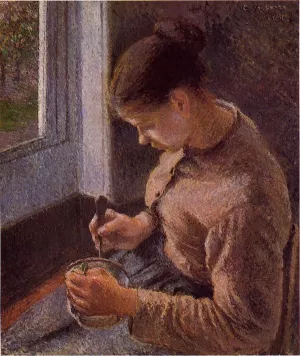 Breakfast, Young Peasant Woman Taking Her Coffee by Camille Pissarro - Oil Painting Reproduction