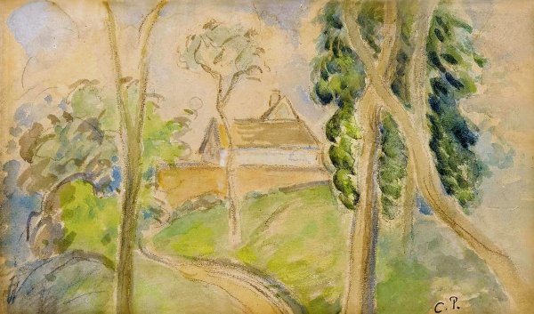 Country Scene with a House along a Road  by Camille Pissarro - Hand-Painted Oil Painting Reproduction