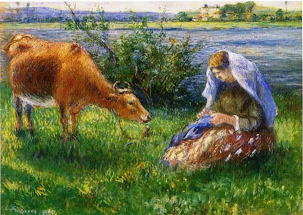 Main Product Photo of Cowherd, Pontoise Painting by Camille Pissarro
