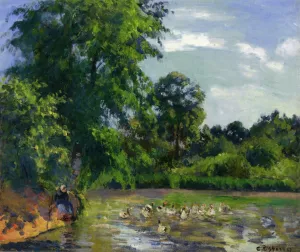 Ducks on the Pond at Montfoucault by Camille Pissarro - Oil Painting Reproduction
