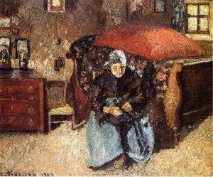 Elderly Woman Mending Old Clothes, Moret by Camille Pissarro Oil Painting