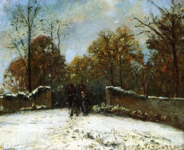 Entering the Forest of Marly Snow Effect by Camille Pissarro - Hand-Painted Oil Painting Reproduction