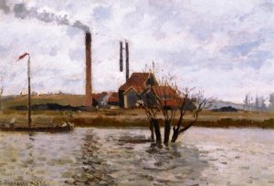 Factory at Saint-Ouen-l'Aumone, The Oise in Flood by Camille Pissarro Oil Painting