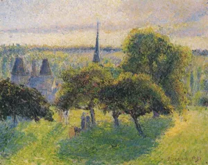 Farm and Steeple at Sunset painting by Camille Pissarro
